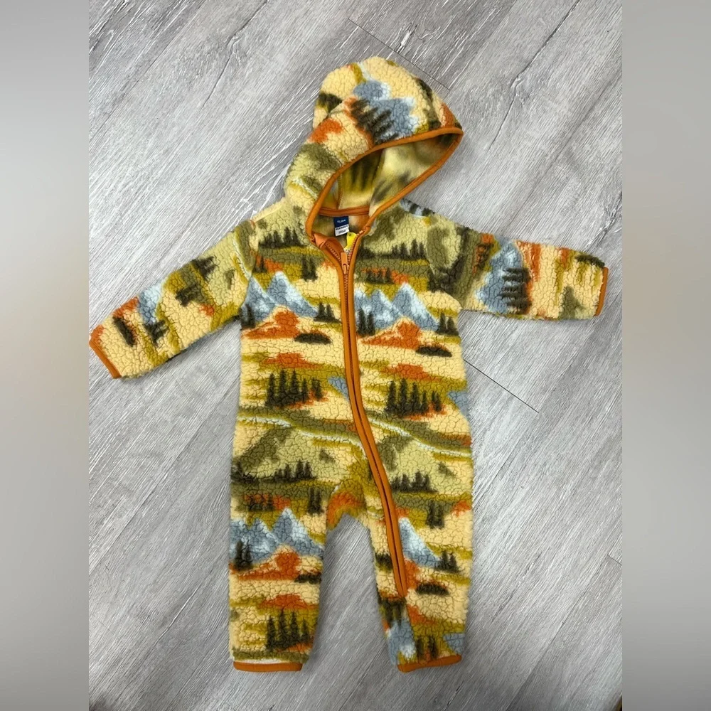 Old Navy 12-18m Yellow Mountain Print Hooded Fleece One-Piece